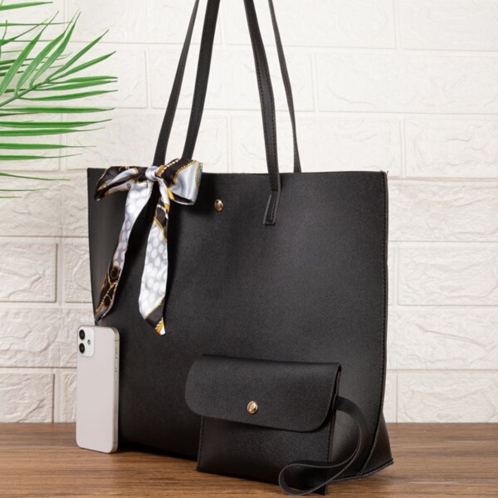 Black Classic Shoulder Clutch Bag Set Minimalist Vegan Leather - Picture 2 of 4